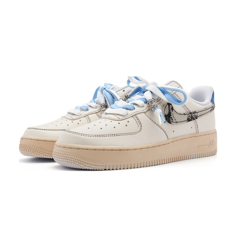 Custom Air Force 1 Shoes Edo Era Beige Blue - Image 3